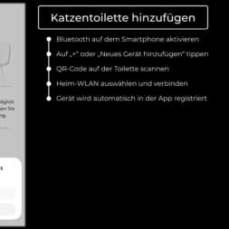 Automatic litter box test: Self-cleaning litter box without odor - Mova LR10 22 A German setup screen shows steps for adding a smart litter box, including Bluetooth connection, QR code scanning, Wi-Fi selection, and automatic registration. On the left is an illustration of a phone and the litter box. www.commaik.de