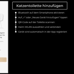 Automatic litter box test: Self-cleaning litter box without odor - Mova LR10 23 Screenshot of a German app interface showing how to add a smart litter box, with steps like enabling Bluetooth, scanning a QR code, connecting to Wi-Fi, and automatic registration in the app. www.commaik.de