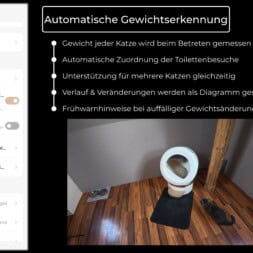 Automatic litter box test: Self-cleaning litter box without odor - Mova LR10 63 A screenshot displays a smart litter box app interface on the left and a camera view of a cat using its litter box on the right; German text highlights automatic weight detection features for cats. www.commaik.de
