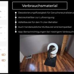 Automatic litter box test: Self-cleaning litter box without odor - Mova LR10 73 A smart device settings menu is shown on the left, and a modern white litter box sits on a black mat in a room with wooden floors and exposed beams. On the right, a German list of consumable materials is displayed. www.commaik.de