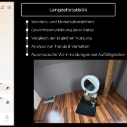 Automatic litter box test: Self-cleaning litter box without odor - Mova LR10 52 Screenshot of a smart litter box app and camera feed. The app displays detailed litter box usage statistics, with features like trend analysis and alerts listed on the right, plus a photo of the litter box in a room with wood flooring. www.commaik.de