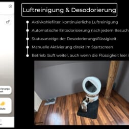 Automatic litter box test: Self-cleaning litter box without odor - Mova LR10 53 Screenshot features a smart litter box app interface on the left and a modern, circular white litter box in the corner of a wood-floored room on the right. German text above highlights advanced air cleaning features. www.commaik.de