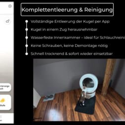 Automatic litter box test: Self-cleaning litter box without odor - Mova LR10 55 A modern litter box sits in the corner of a room with a cat inside. Text in German highlights cleaning features like app control, easy removal, water-resistant inner chamber, no tools needed, and quick drying. www.commaik.de