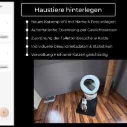 Automatic litter box test: Self-cleaning litter box without odor - Mova LR10 56 Screenshot of a cat care app: left side shows pet profiles for Milli and Juri; right side lists features like automatic weight detection, health data, and toilet visits, plus a top-down photo of a cat near a smart litter box. www.commaik.de