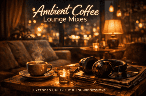 Ambient Coffee Lounge Mixes - Extended Chill-Out & Lounge Sessions A cozy lounge with a steaming cup of coffee, vinyl records, headphones and a burning candle on a wooden table. The warm lighting and the hazy city lights create the atmosphere for chill-out lounge sessions. The text reads: Ambient Coffee Lounge Mixes. www.commaik.de