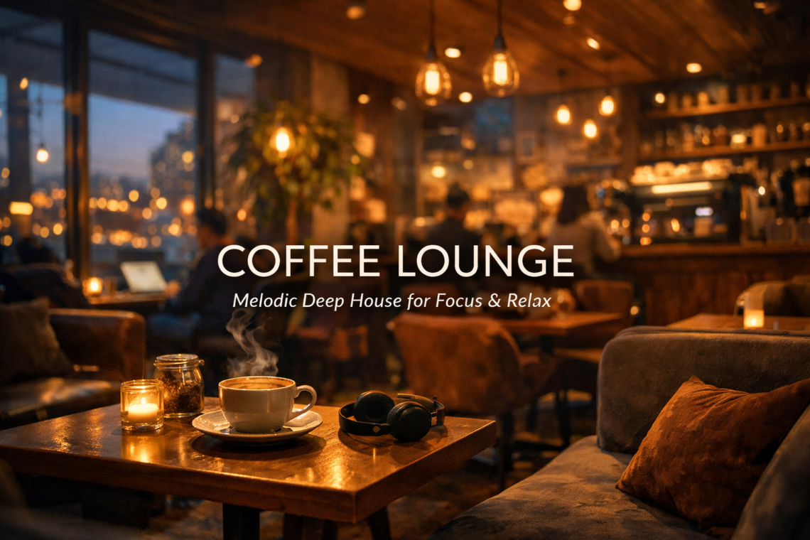 Commaik Music - Deep House, Chill Out & Focus Music 4 A cozy coffee lounge with warm lighting, comfortable chairs, a steaming cup of coffee, headphones and candles on a wooden table. The text reads: "COFFEE LOUNGE: Melodic Deep House for Focus & Relax". www.commaik.de