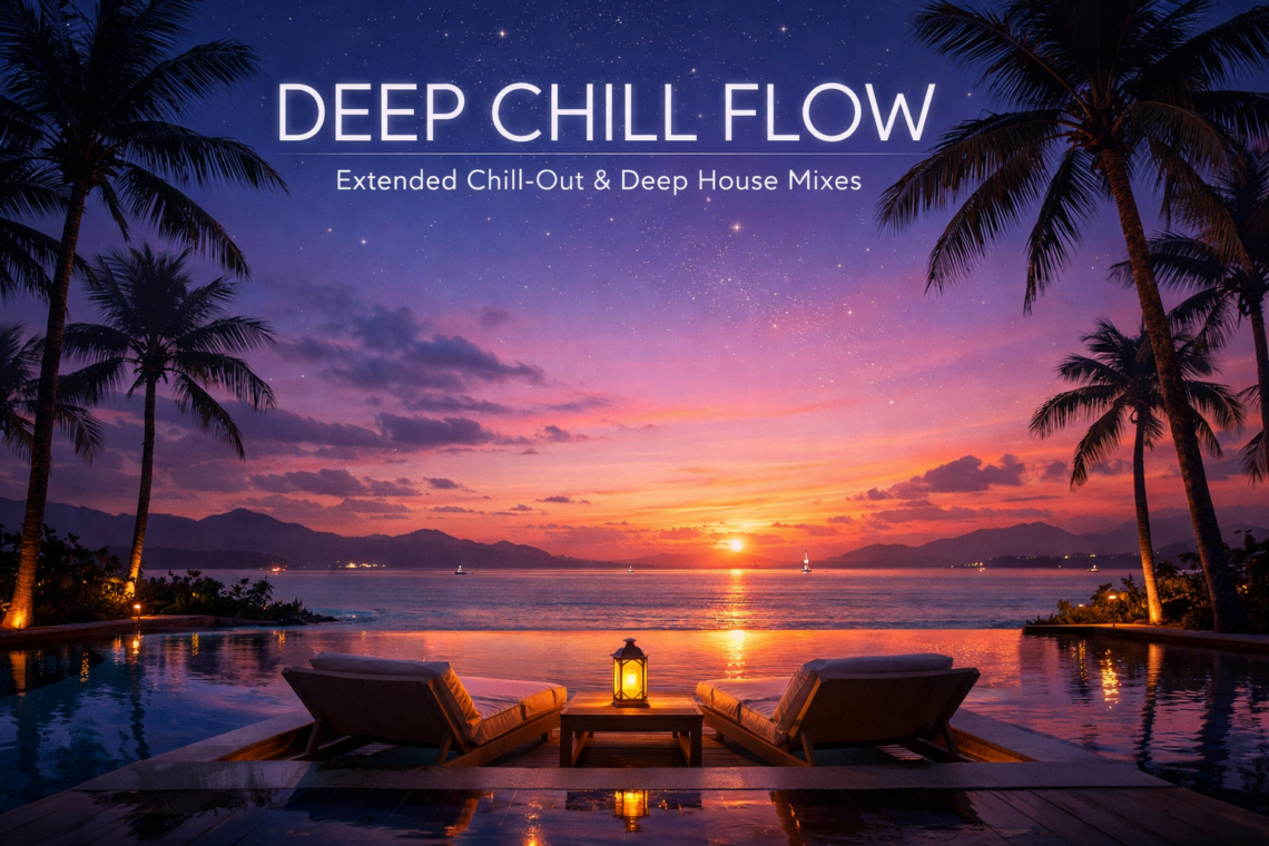 Commaik Music - Deep House, Chill Out & Focus Music 9 Two sun loungers stand in front of a tranquil infinity pool with a view of the sea at sunset, surrounded by palm trees. The sky glows purple and orange. The lyrics are DEEP CHILL FLOW - Chill-Out & Deep House Mixes for ultimate relaxation. www.commaik.de