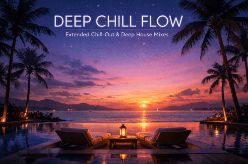 Deep Chill Flow - Extended Chill-Out & Deep House Mixes Two sun loungers stand in front of a tranquil infinity pool with a view of the sea at sunset, surrounded by palm trees. The sky glows purple and orange. The lyrics are DEEP CHILL FLOW - Chill-Out & Deep House Mixes for ultimate relaxation. www.commaik.de