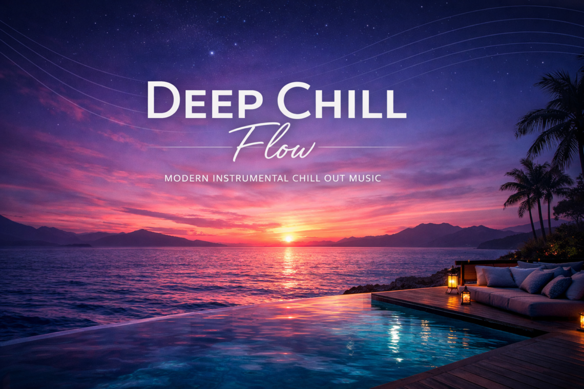 Commaik Music - Deep House, Chill Out & Focus Music 8 A luxurious poolside lounge overlooking the tranquil ocean at sunset, with mountains in the distance and palm trees nearby. The lyrics read: "Deep Chill Flow-Instrumental Chill Out Music". www.commaik.de