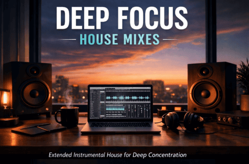 Deep Focus House Mixes - Extended Instrumental House for Deep Concentration A cozy music studio at sunset with a laptop displaying audio editing software, large speakers, headphones and a coffee cup. The text reads "Deep Focus House: Extended instrumental house mixes for deep concentration". www.commaik.de
