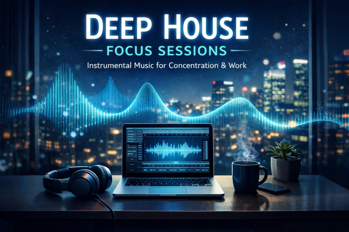 Commaik Music - Deep House, Chill Out & Focus Music 7 A laptop on a desk displays deep house audio editing software, next to it are headphones, a coffee cup and a plant. The lyrics are Deep House Focus Sessions: Instrumental music for concentration and work. A cityscape can be seen through the window. www.commaik.de