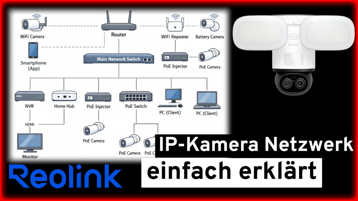Smart Home 2 A diagram shows various devices in a home network IP camera network, including WiFi cameras, routers, PoE injector and PCs. A floodlight camera appears above the text: IP camera network simply explained and Reolink logo. www.commaik.de