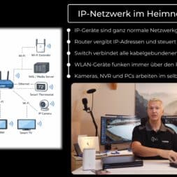 Install surveillance cameras yourself - IP camera network explained simply 5 A diagram shows devices, including an IP camera, connected to a home IP network via a router with wired and wireless connections. On the right, a man at a desk demonstrates network devices. A German text explains the most important points about IP home networks. www.commaik.de
