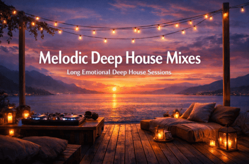 Melodic Deep House Mixes - Long Emotional Deep House Sessions A cozy outdoor lounge with fairy lights, candles and a DJ set-up offers a view of a tranquil lake and the mountains at sunset. The lyrics read: Melodic Deep House Vibes - Long soulful deep house mixes for your perfect relaxation. www.commaik.de
