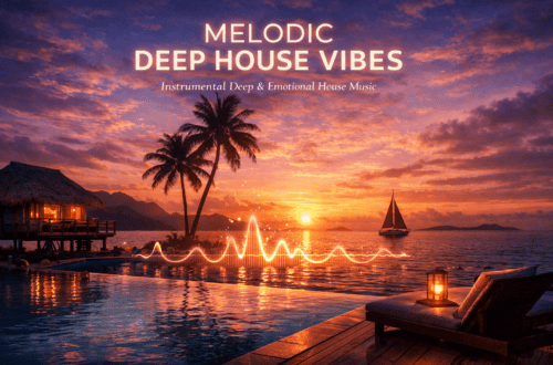 Melodic Deep House Vibes - Instrumental Deep & Emotional House Music A tropical sunset over the sea with a sailing boat, palm trees and thatched huts by a pool. Warm lights and music wave graphics create a relaxed atmosphere. The lyrics read: MELODIC DEEP HOUSE VIBES, with Instrumental House Music & Emotional House Music. www.commaik.de