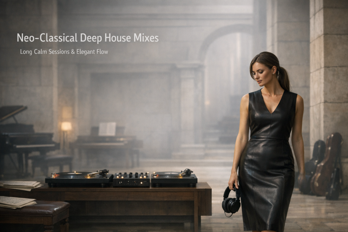 Commaik Music - Deep House, Chill Out & Focus Music 1 A woman in a black leather dress stands with headphones on a DJ turntable in a large stone hall with musical instruments. The text reads Neo-Classical Deep House: Elegant Flow & Calm Sessions Mixes. www.commaik.de