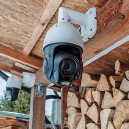 The best Reolink 4k PTZ surveillance cameras in comparison: 823S2 vs 823S1 vs TrackMix vs TrackFlex in test 32 A close-up of a Reolink 4K PTZ security camera mounted on a wooden ceiling with firewood stacked below and another camera in the background. The surrounding area appears to be a covered outdoor area. www.commaik.de