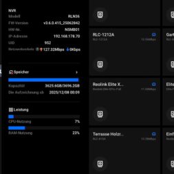 Expand Reolink NVR storage space - Installing and configuring hard disks correctly 41 The dashboard interface for the Reolink NVR displays details of the surveillance system: storage capacity (9625.65GB/9962GB), CPU utilization (7%), RAM utilization (23%) and camera status, with a sidebar menu on the left. www.commaik.de