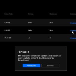 Expand Reolink NVR storage space - Installing and configuring hard disks correctly 43 Screenshot of a storage management interface in German language on a Reolink NVR, showing two storage devices with capacities, free space, options to format or view information, and a warning message for formatting with Cancel and Format buttons. www.commaik.de