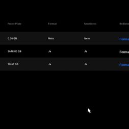 Expand Reolink NVR storage space - Installing and configuring hard disks correctly 44 A dark user interface resembling a Reolink NVR displays storage details in German and shows three drives with columns for capacity, free space, formatting status, mount status and options to format or view information. A white cursor points to the bottom edge. www.commaik.de