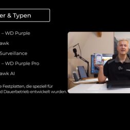 Expand Reolink NVR storage space - Installing and configuring hard disks correctly 12 A man is sitting at a desk with a hard disk in his hand, behind him are a monitor, a microphone and a camera. On the left, a list of surveillance hard disk brands and models - including those compatible with Reolink NVR - is displayed with German text. www.commaik.de