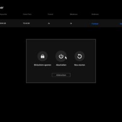 Expand Reolink NVR storage space - Installing and configuring hard disks correctly 17 The Reolink NVR security camera interface displays a German pop-up with options to lock the screen, shut down or reboot. Memory information is displayed in the background. www.commaik.de