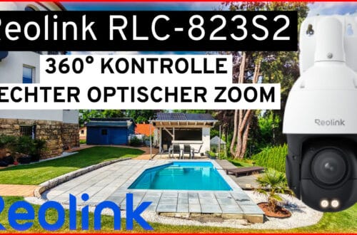 Reolink RLC-823S2 in test - 4K PTZ surveillance camera with auto-tracking Reolink RLC-823S2 4K PTZ surveillance camera Display in German: Large camera image of garden with pool, lawn and flowers. Text emphasizes 360° control, auto-tracking and true optical zoom. www.commaik.de