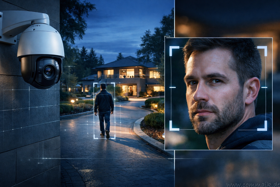 Eine 4K-PTZ-Reolink-Sicherheitskamera überwacht einen Mann, der in der Abenddämmerung auf ein großes Haus zugeht. Ein digitales Overlay hebt die Gesichtserkennung der Kamera hervor und zoomt das Gesicht des Mannes mit einem blauen quadratischen Rahmen heran. www.commaik.de