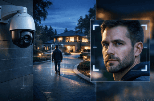 A 4K PTZ Reolink security camera monitors a man walking towards a large house at dusk. A digital overlay highlights the camera's facial recognition and zooms in on the man's face with a blue square frame. www.commaik.de