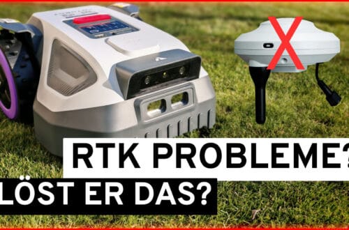 Anthbot M9 in test: robotic lawnmower without boundary wire with RTK navigation A robotic lawnmower sits on the lawn next to an RTK receiver with a red X above it. The text reads: RTK PROBLEMS? DOES HE SOLVE THAT? in bold black letters. www.commaik.de