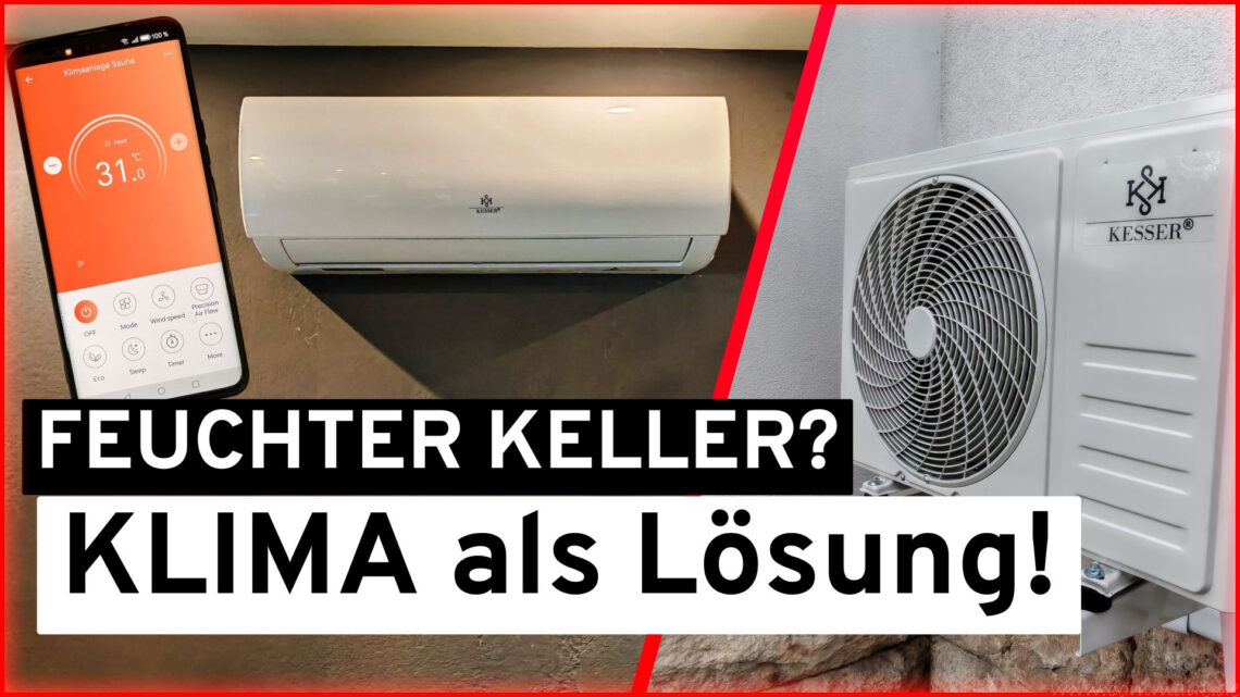 Drying 1 A smartphone that displays 31.1°C, a wall-mounted air conditioning unit (basement split air conditioner) and a Kesser outdoor unit. German text: Damp cellar? CLIMATE as a solution! - Perfect for dehumidifying DIY or heating old buildings. www.commaik.de