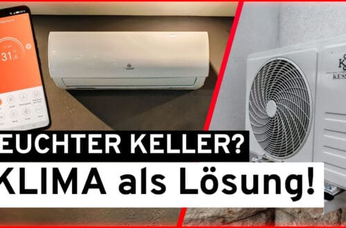 Installing a split air conditioning system in the basement: Heating & dehumidifying in an old building (DIY guide) A smartphone that displays 31.1°C, a wall-mounted air conditioning unit (basement split air conditioner) and a Kesser outdoor unit. German text: Damp cellar? CLIMATE as a solution! - Perfect for dehumidifying DIY or heating old buildings. www.commaik.de