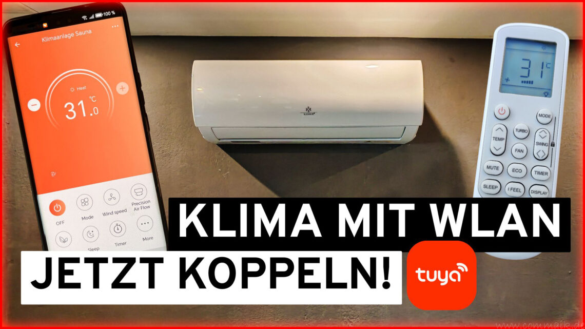 Tutorials 1 Gezeigt werden ein Smartphone mit der Tuya App, eine wandmontierte Klimaanlage und eine Fernbedienung. Der Text auf Deutsch lautet "KLIMA MIT WLAN JETZT KOPPELN!" und hebt hervor, wie Sie Klimaanlage und WLAN verbinden können. Das Tuya-Logo ist sichtbar. www.commaik.de