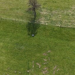 Lymow One Plus in test: RTK robot mower for large areas & difficult terrain 32 Aerial view of a grassy field with a single tree casting a shadow and a small object, possibly the Lymow One Plus, near the shadow of the tree. A fence runs horizontally through the upper part of the picture. www.commaik.de