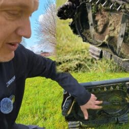 Lymow One Plus in test: RTK robot mower for large areas & difficult terrain 42 A person in outdoor clothing points to the underside of a Lymow One Plus robotic lawnmower on grass, where the blades and mechanical parts can be seen. Another view of the underside of the mower can be seen in the foreground. www.commaik.de