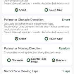 Lymow One Plus in test: RTK robot mower for large areas & difficult terrain 55 Screenshot of the "Mowing settings" page of the Lymow One Plus robotic lawnmower app with options for cutting height, blade speed, pattern, striping angle, mowing order, edge mode, irregular patterns, directions and obstacle avoidance. www.commaik.de