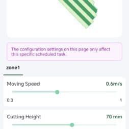 Lymow One Plus in test: RTK robot mower for large areas & difficult terrain 61 The task page of the Lymow One Plus lawn mower app is displayed on a smartphone screen, with sliders for travel speed, cutting height and striping angle. There is a green striped lawn diagram at the top and a "Next" button below it. www.commaik.de
