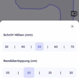 Robot lawn mower without boundary wire in test: LiDAR vs RTK in comparison (ANTHBOT M5 vs M9) 31 A mobile app screen in German for Anthbot robotic lawnmowers displays the height and overlap settings for map management, with sliders at 50 mm height and 10 cm overlap. The "Save" and "Delete" buttons are displayed. www.commaik.de