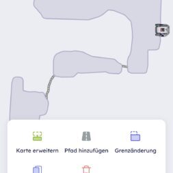 Robot lawn mower without boundary wire in test: LiDAR vs RTK in comparison (ANTHBOT M5 vs M9) 32 A smartphone screen shows a map management app in German that displays the path of an Anthbot robotic lawnmower. A menu at the bottom offers options such as "Expand map", "Add path", "Change border", "Backup", "Delete" and "Change". www.commaik.de