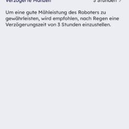 Robot lawn mower without boundary wire in test: LiDAR vs RTK in comparison (ANTHBOT M5 vs M9) 38 Screenshot of the Anthbot app in German, showing the rain detection settings for a robotic lawnmower. The toggle switch is switched on and users can set a delayed mowing time of 3 hours for their robotic lawnmower. www.commaik.de