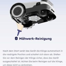 Robot lawn mower without boundary wire in test: LiDAR vs RTK in comparison (ANTHBOT M5 vs M9) 41 Screenshot of an Anthbot robotic lawnmower cleaning screen in German, showing a diagram of the underside of the mower blade with a pointing finger symbol and instructions for cleaning. A blue start button appears at the bottom. www.commaik.de