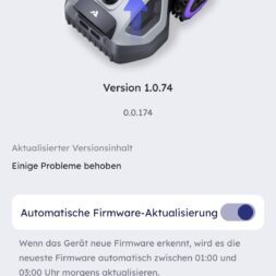 Robot lawn mower without boundary wire in test: LiDAR vs RTK in comparison (ANTHBOT M5 vs M9) 42 A smartphone screen shows a page for updating the firmware for the Anthbot robotic lawnmower. The version is 1.0.74, the switch for automatic updates is activated and there is a blue "Update" button at the bottom. www.commaik.de