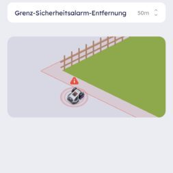 Robot lawn mower without boundary wire in test: LiDAR vs RTK in comparison (ANTHBOT M5 vs M9) 37 Smartphone screenshot of an anti-theft mode screen in German with a toggle switch, a distance set to 50 m and an image of an Anthbot robotic lawnmower that triggers an alarm when it crosses a fenced boundary. www.commaik.de