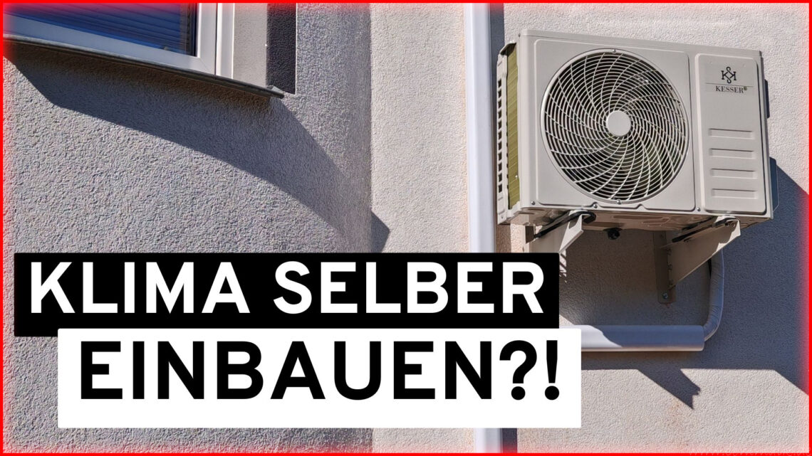 Tutorials 1 An outdoor split-system air conditioner mounted on the wall of an older building next to a window. The text in bold in the image reads: “KLIMA SELBER EINBAUEN?!”, which translates to “Install the air conditioner yourself?!” www.commaik.de
