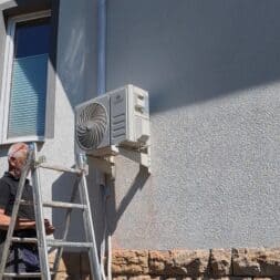 Installing Air Conditioning Yourself in an Older Building – Heating and Cooling in Practice 46 A man standing on a ladder is installing or repairing an air conditioner mounted on the exterior wall of a building with light gray stucco and stone cladding. The weather seems to be clear and sunny. www.commaik.de
