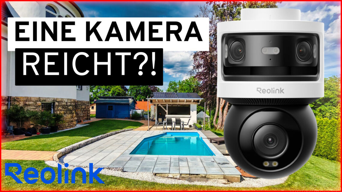 Smart Home 1 Es ist ein moderner Garten mit Pool und Terrasse zu sehen. Der eingeblendete Text auf Deutsch lautet: „EINE KAMERA REICHT?!“. Im Vordergrund ist eine Reolink OMVI 3i-Überwachungskamera mit 4K-Auto-Tracking und 180°-Panoramaüberwachung zu sehen. In der Ecke erscheint das Reolink-Logo. www.commaik.de