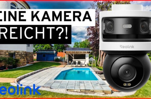 Reolink OMVI 3i in a hands-on review – 180° panoramic monitoring and 4K auto-tracking in a single camera The photo shows a modern garden with a pool and a patio. The text that appears on the screen in German reads: “IS ONE CAMERA ENOUGH?!” In the foreground is a Reolink OMVI 3i security camera with 4K auto-tracking and 180° panoramic coverage. The Reolink logo appears in the corner. www.commaik.de