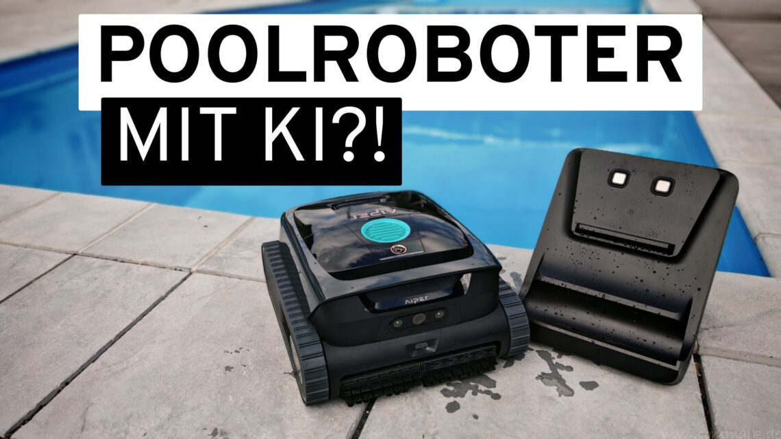 Pool 3 Ein kabelloser Poolroboter mit seiner Ladestation steht am Rand eines Schwimmbeckens. Über dem Bild prangt in fetter deutscher Schrift: POOLROBOTER MIT KI?!, was so viel bedeutet wie „Poolroboter mit KI?!“. Entdecken Sie den Premium-Poolroboter Aiper Scuba V3 für eine intelligente und effiziente Poolreinigung. www.commaik.de