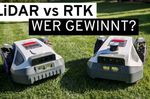 ANTHBOT M5 vs. M9 Pro Review: LiDAR or RTK—Which Robotic Lawn Mower Is the Better Choice? There are two robotic lawn mowers on the lawn. Above them is written: LiDAR vs. RTK – WHO WINS? The scene takes place outdoors on a sunny day; you can see shadows and green grass. www.commaik.de