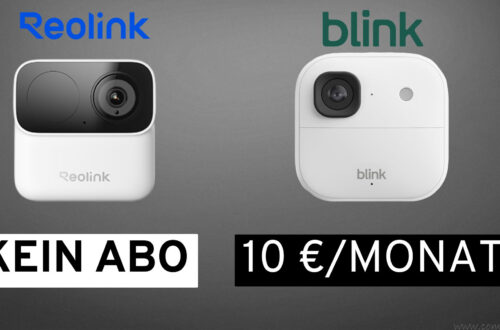 Reolink MagiCam vs. Blink Outdoor 2K+ Review: Local Storage or Cloud Subscription? Two security cameras side by side: on the left, the Reolink MagiCam with the words “NO SUBSCRIPTION”; on the right, the Blink Outdoor 2K+ with the words “10 €/MONTH” on a gray background—perfect for comparing their subscription models at a glance. www.commaik.de